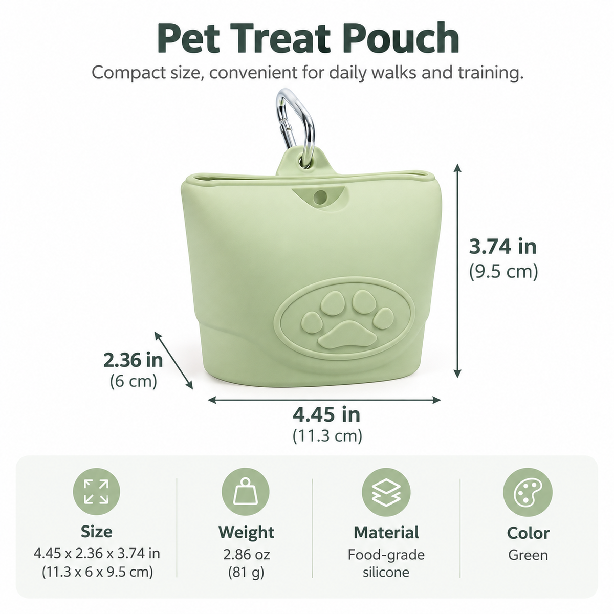 Portable Pet Treat Pouch with Carabiner Clip, Food-Grade Silicone Treat Bag