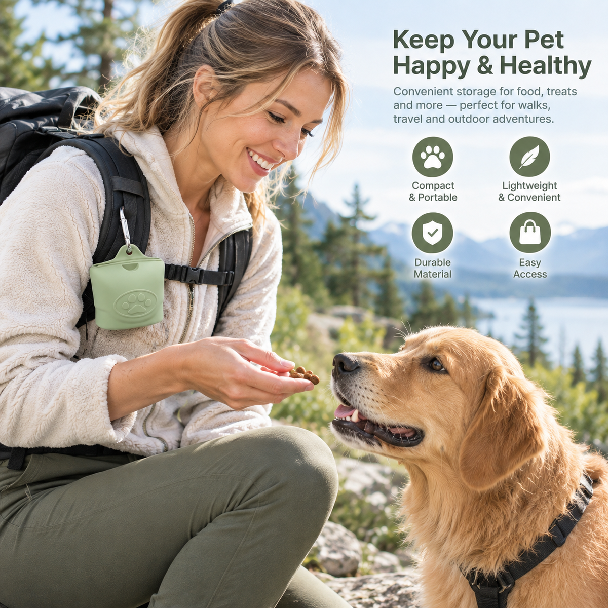 Portable Pet Treat Pouch with Carabiner Clip, Food-Grade Silicone Treat Bag