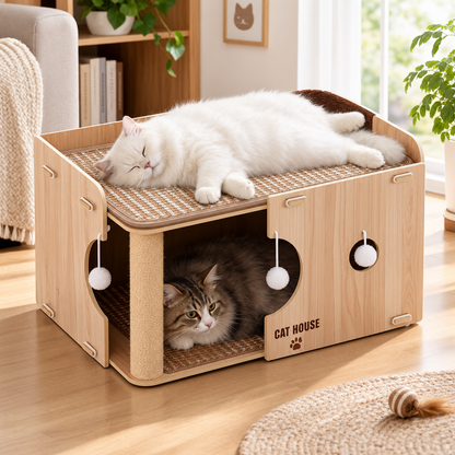 Wooden Cat House with Scratching Post and Cozy Resting Platform