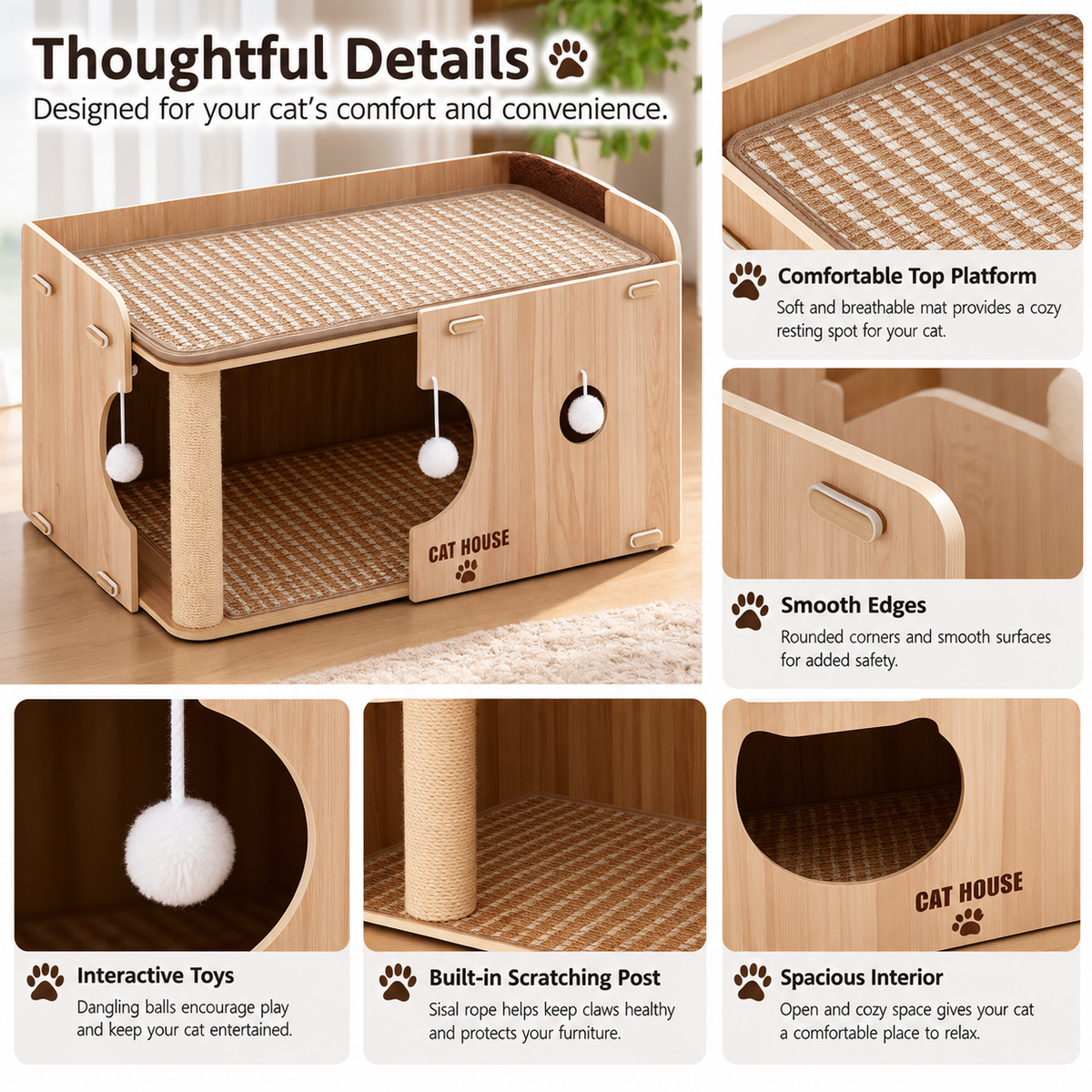 Wooden Cat House with Scratching Post and Cozy Resting Platform