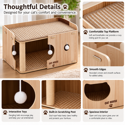 Wooden Cat House with Scratching Post and Cozy Resting Platform