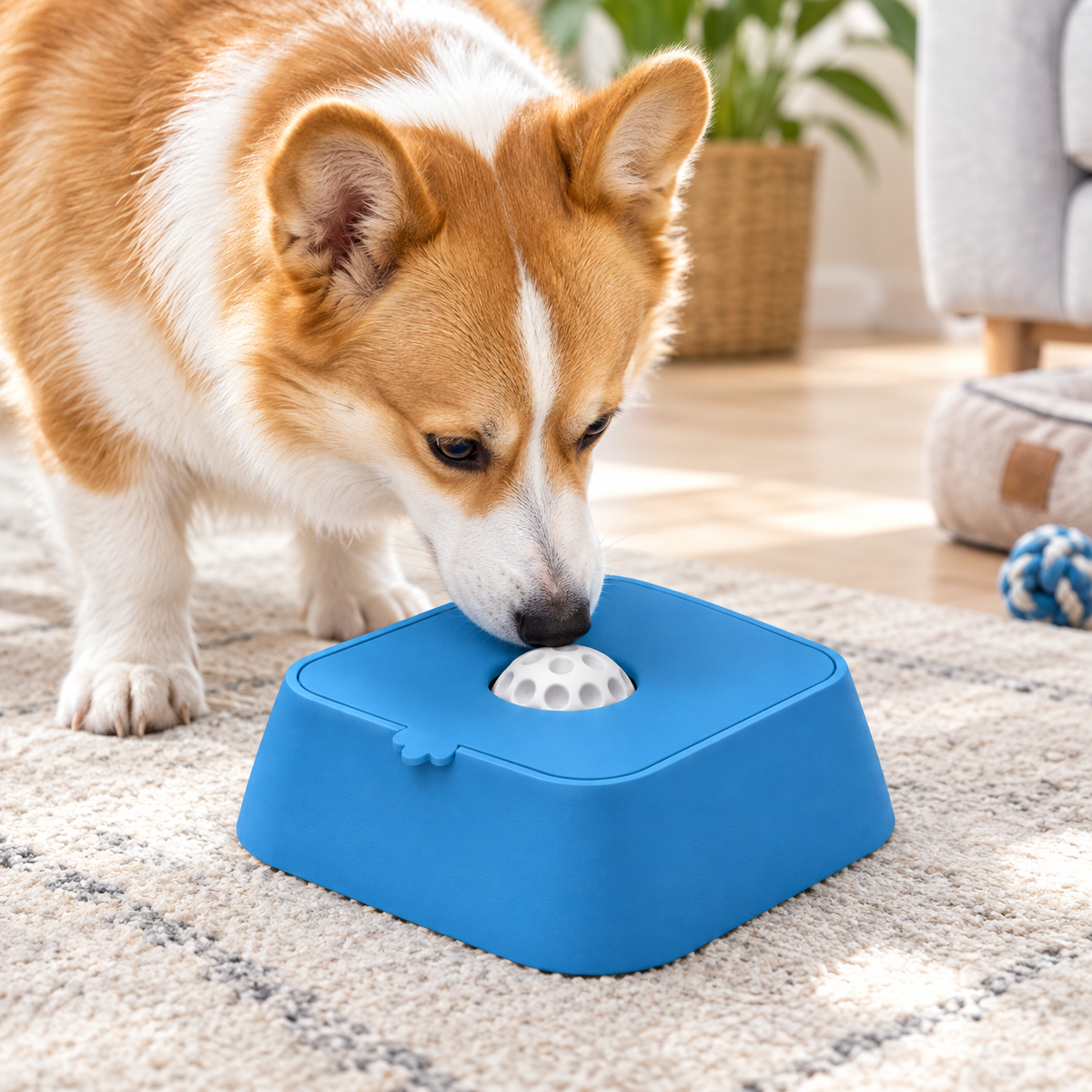 Interactive Pet Treat Puzzle Toy with Rolling Ball, Blue