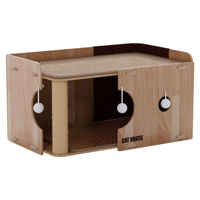 Wooden Cat House with Scratching Post and Cozy Resting Platform