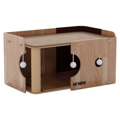 Wooden Cat House with Scratching Post and Cozy Resting Platform