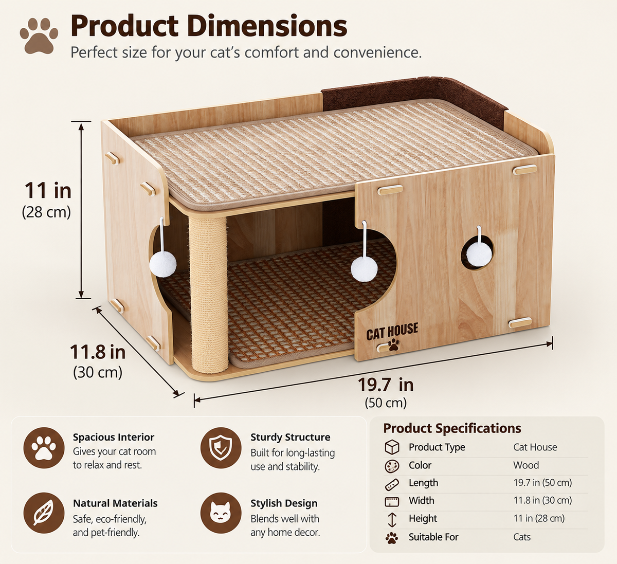 Wooden Cat House with Scratching Post and Cozy Resting Platform