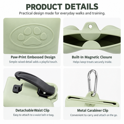 Portable Pet Treat Pouch with Carabiner Clip, Food-Grade Silicone Treat Bag